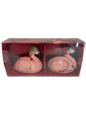 NEW St Nicholas Square Pink Flamingo Christmas Salt & Pepper Shakers Set Kitschy